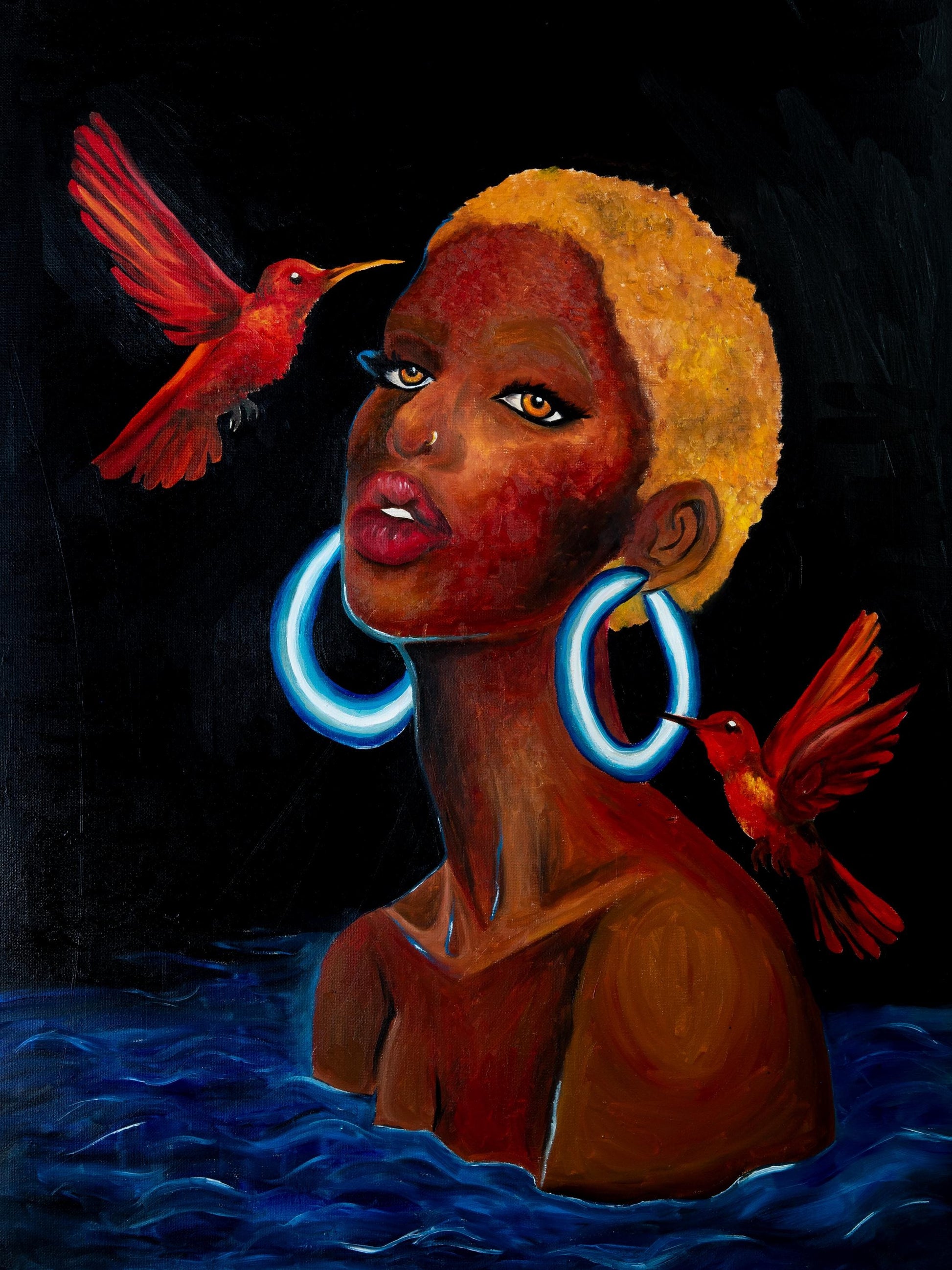 Afrocentric Woman Art Print | Red Hummingbirds, Empowerment (Digital Download)