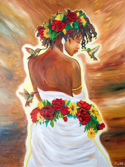 Floral Goddess Art Print | Black Woman, Hummingbirds (Digital Download)